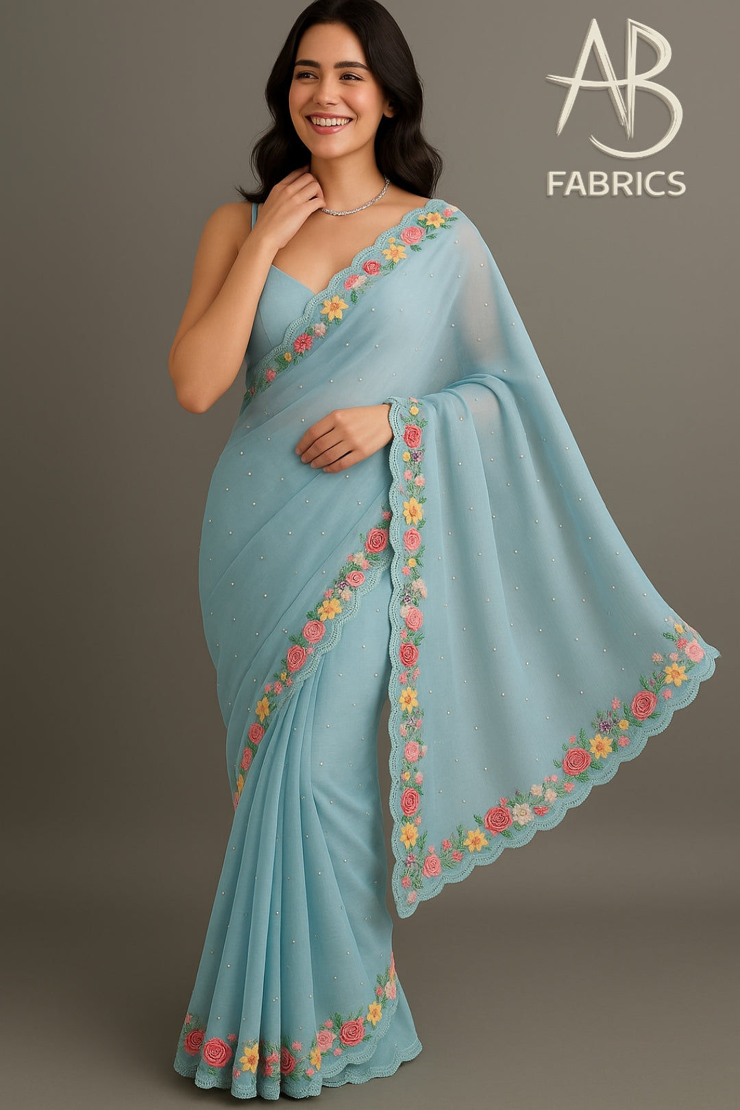Organza Silk Saree With Beautiful French Knot And Beads Work Saree OFK08