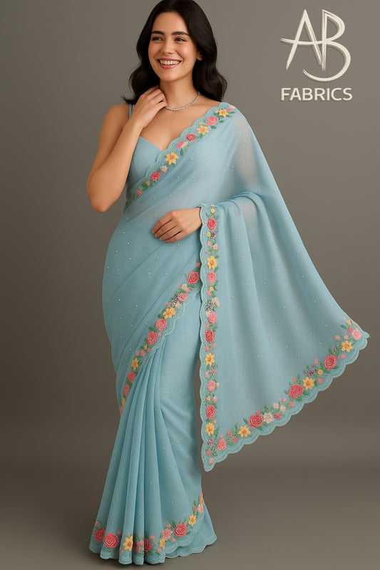 Organza Silk Saree With Beautiful French Knot And Beads Work Saree OFK08