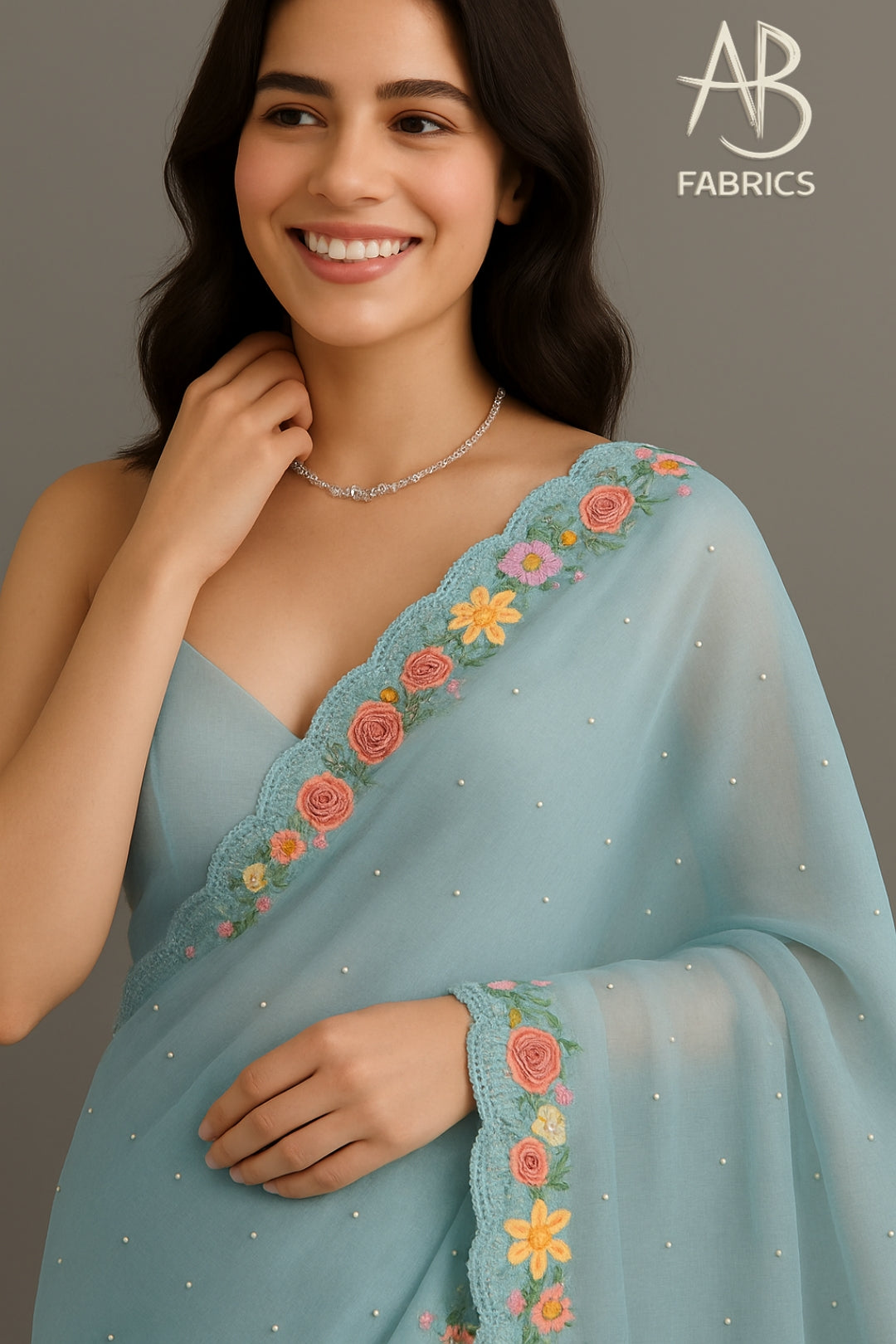 Organza Silk Saree With Beautiful French Knot And Beads Work Saree OFK08