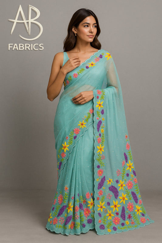Elegant Aqua Blue Organza Saree with Multicolor Floral Embroidery and Pearl Detailing