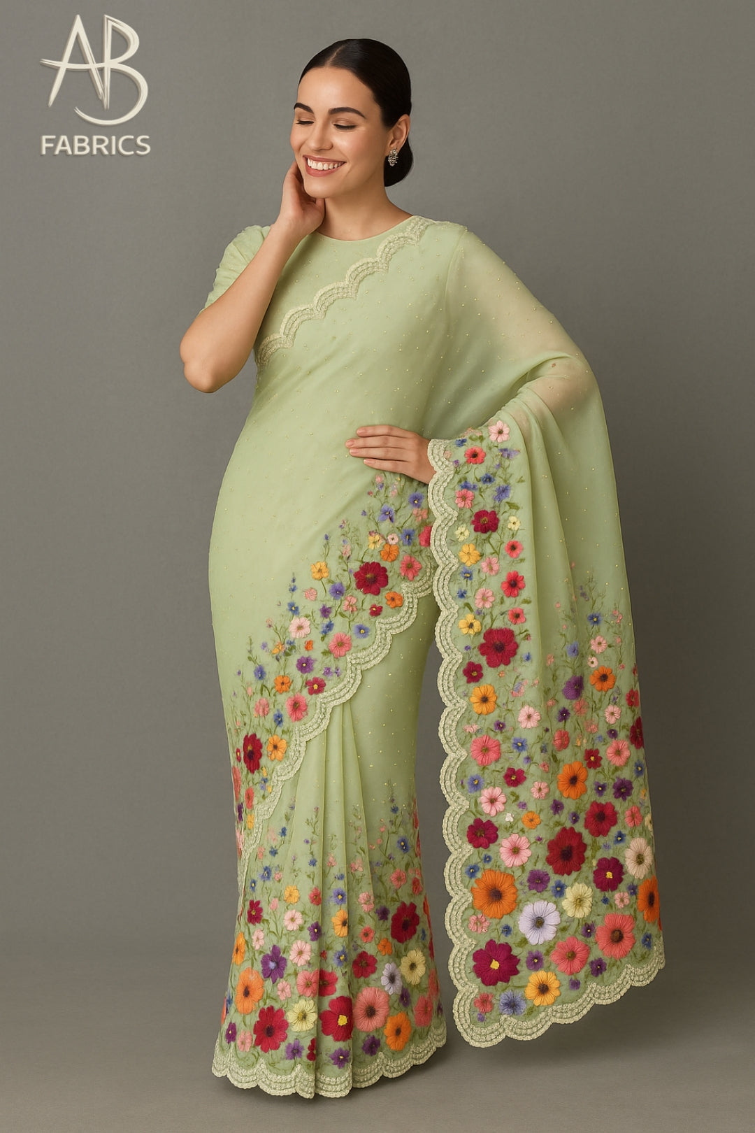 Pastel Green Organza Saree with Dense Multicolor Floral Embroidery and Pearl Accents