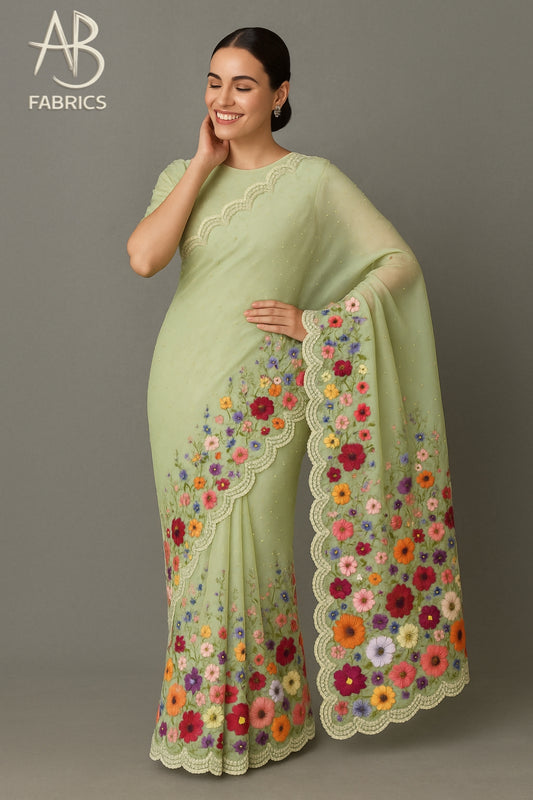 Pastel Green Organza Saree with Dense Multicolor Floral Embroidery and Pearl Accents