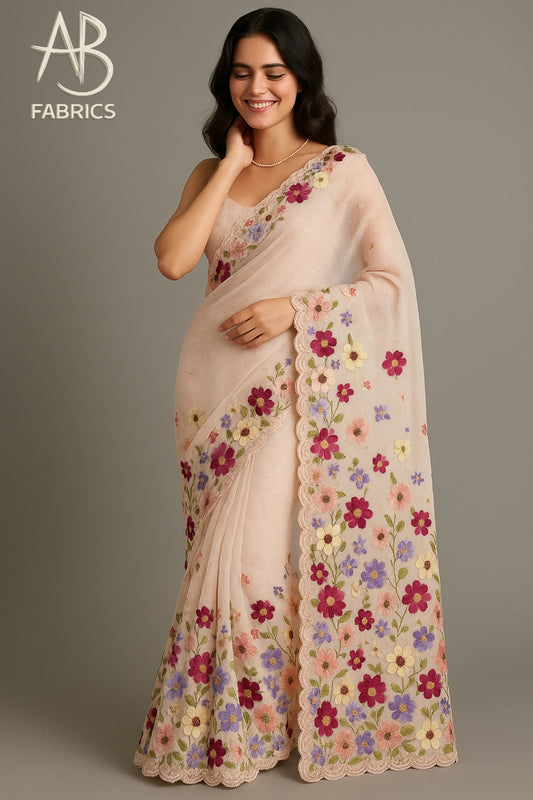 Blush Pink Organza Saree with Pastel Floral Embroidery and Delicate scalloped Border