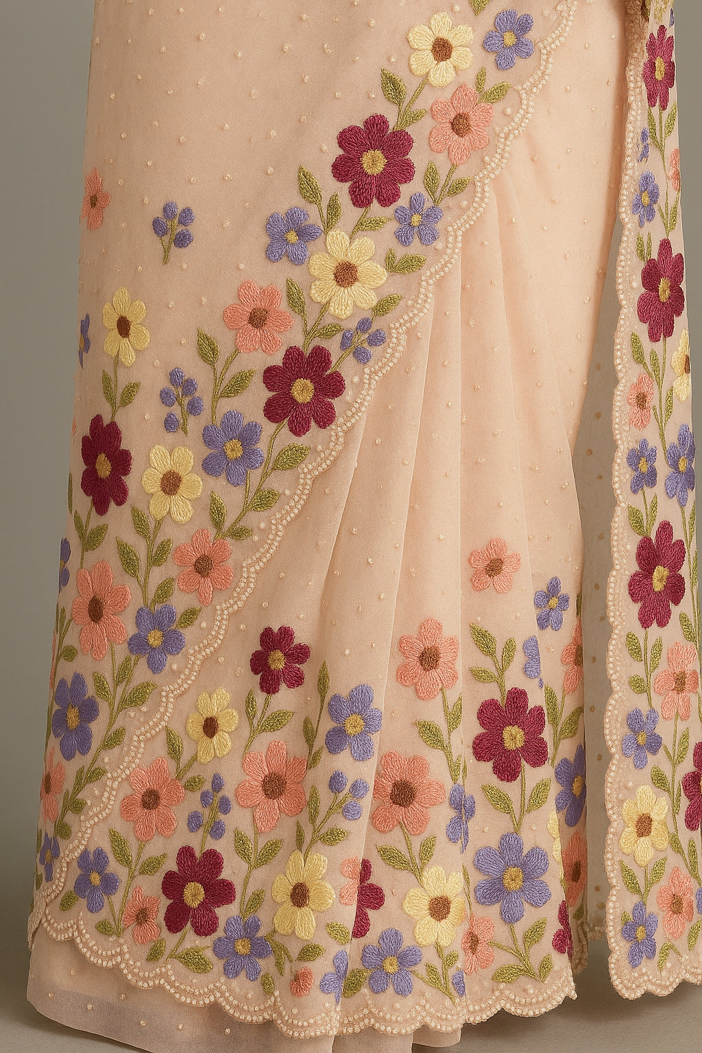 Blush Pink Organza Saree with Pastel Floral Embroidery and Delicate scalloped Border