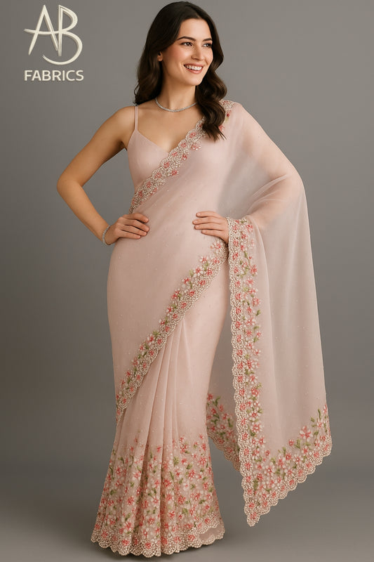 Soft Blush Organza Saree with Pearl and Floral Embroidery