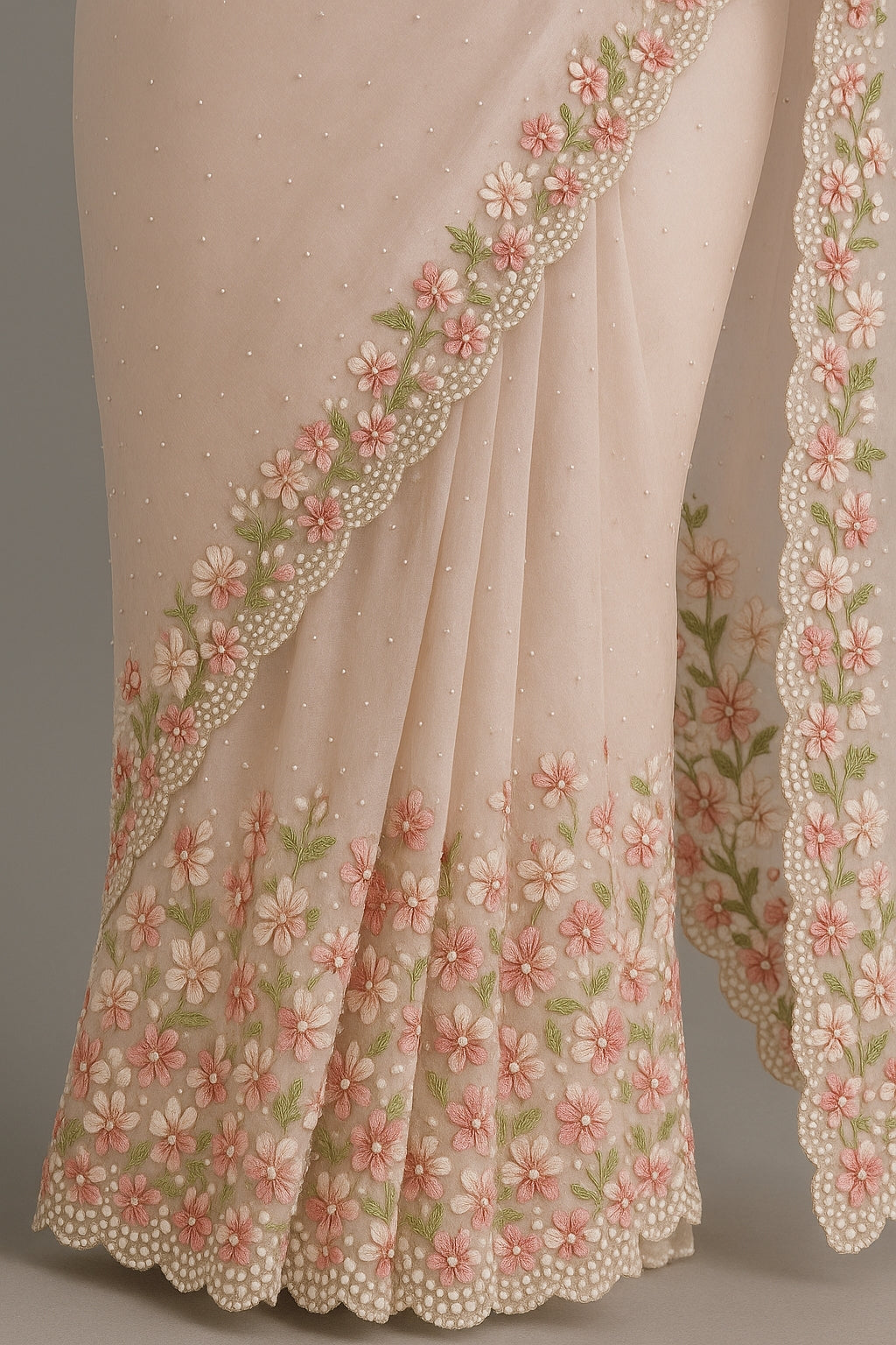 Soft Blush Organza Saree with Pearl and Floral Embroidery