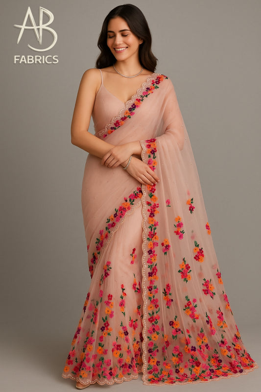 Peach Organza Saree with All-over Vibrant Floral Embroidery