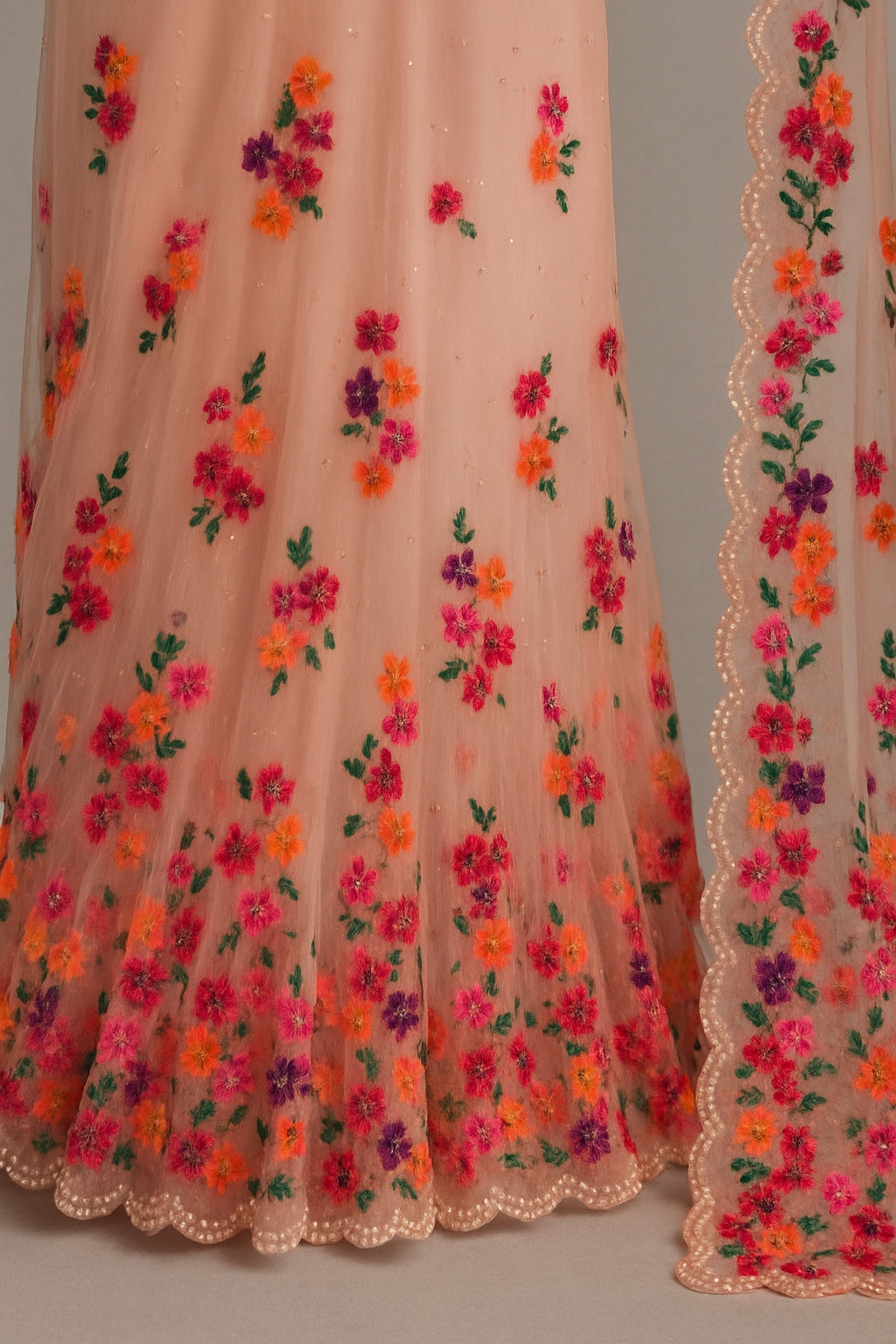 Peach Organza Saree with All-over Vibrant Floral Embroidery