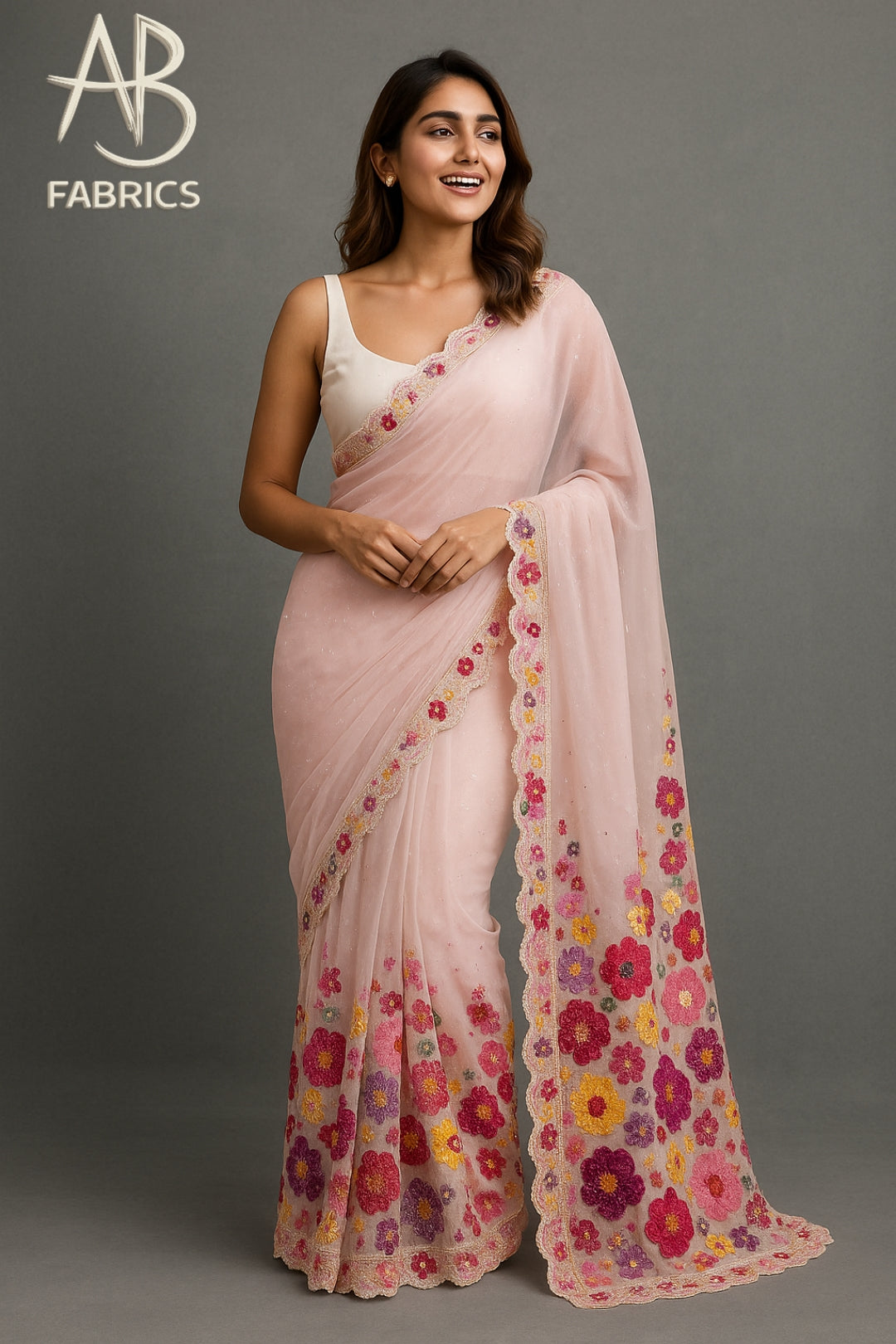 Blush Pink Organza Saree with Multicolor Thread Embroidery