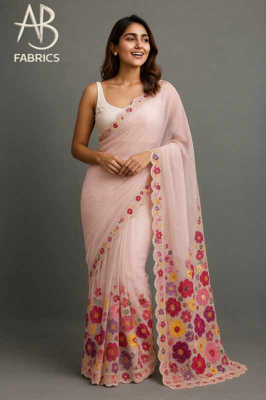 Blush Pink Organza Saree with Multicolor Thread Embroidery