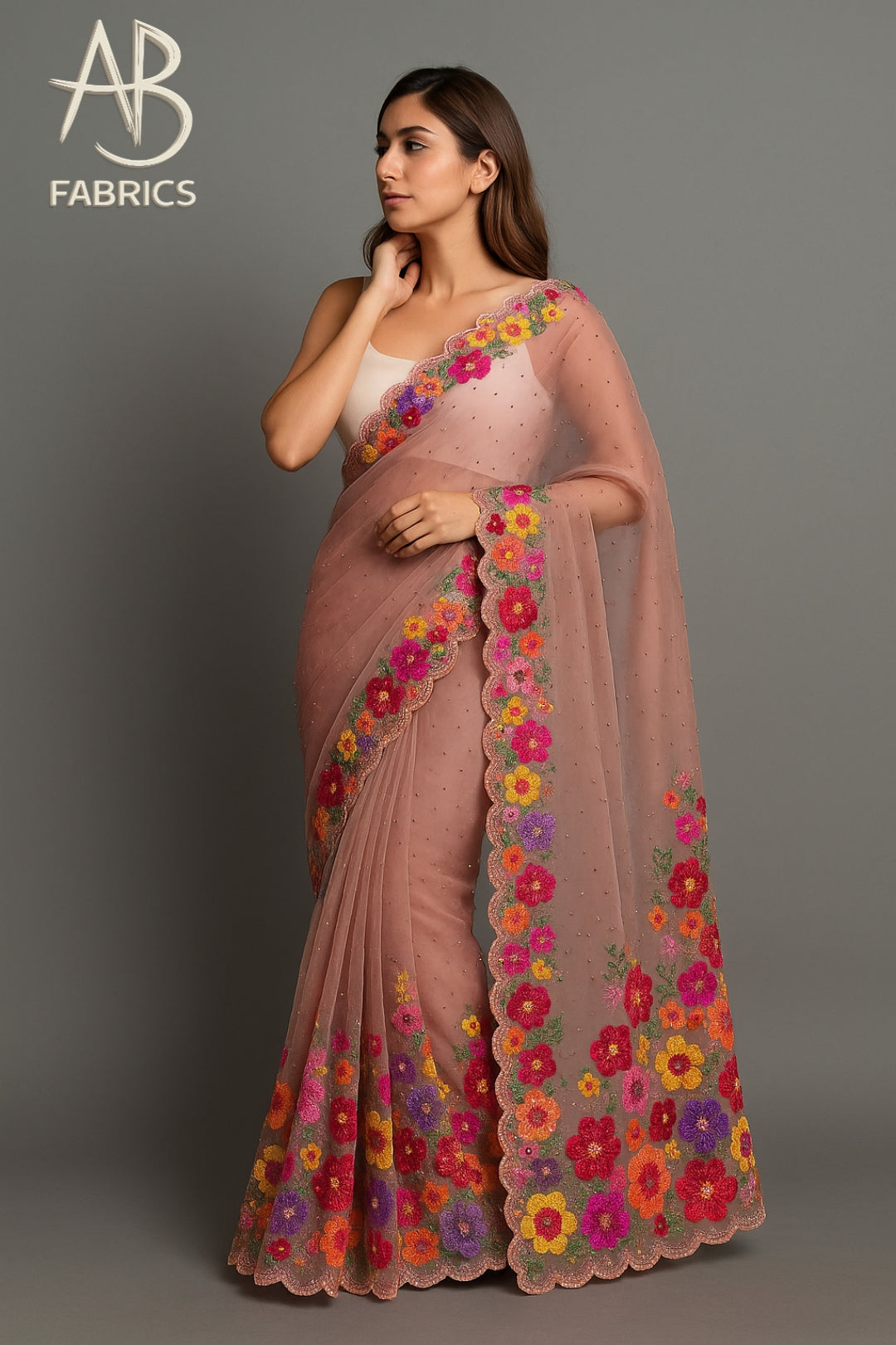 Blush Peach Organza Saree with Multicolor Thread Embroidery