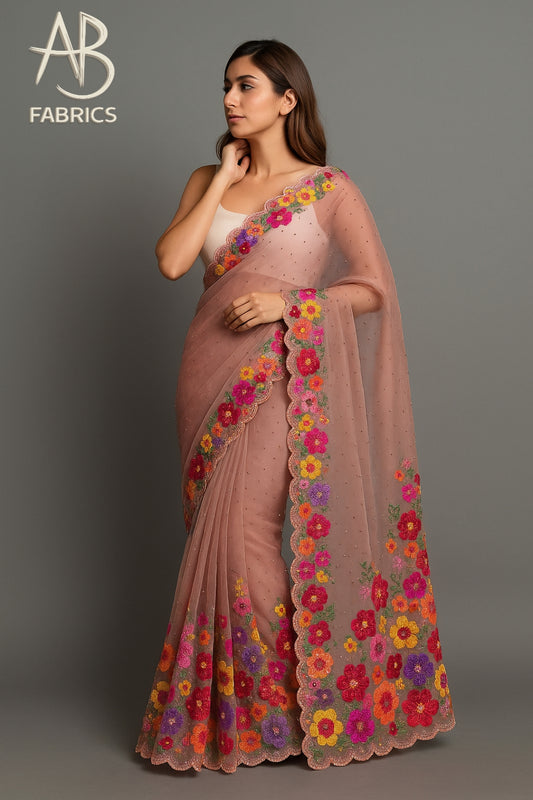 Blush Peach Organza Saree with Multicolor Thread Embroidery