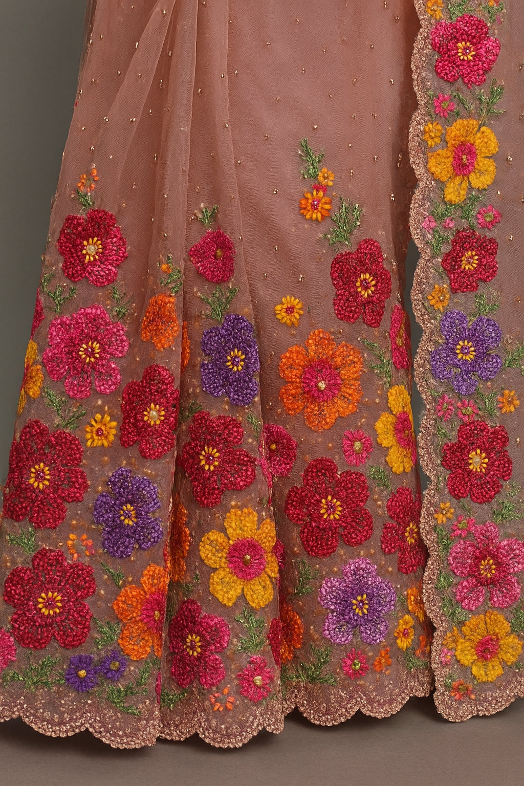 Blush Peach Organza Saree with Multicolor Thread Embroidery
