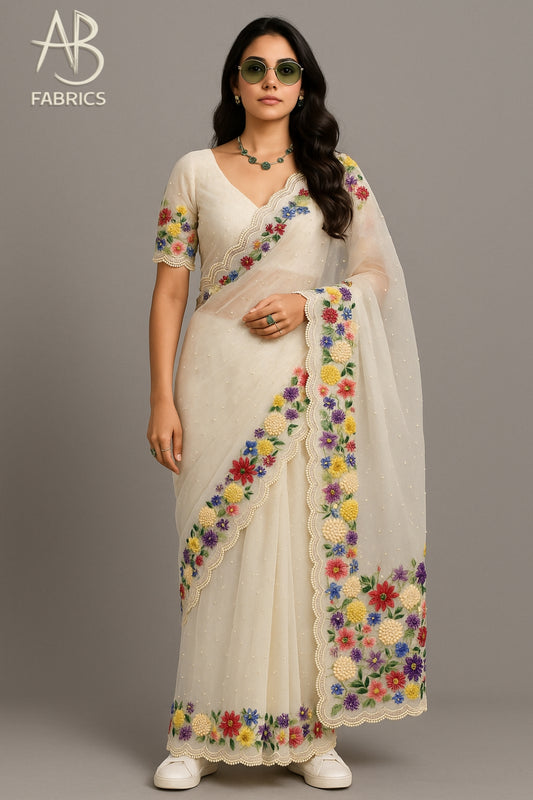 Elegant Ivory Organza Saree with Multicolor 3D Floral Embroidery