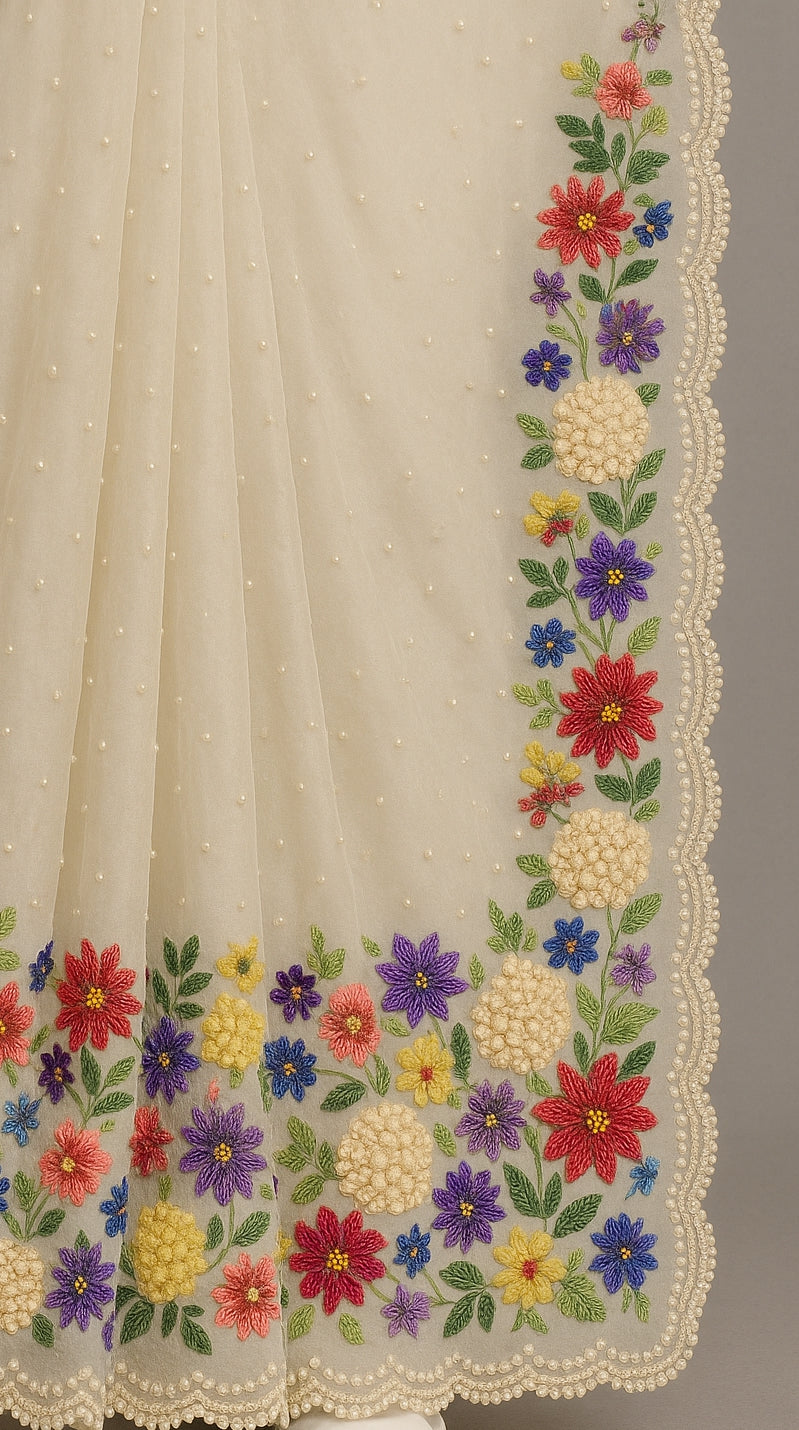Elegant Ivory Organza Saree with Multicolor 3D Floral Embroidery