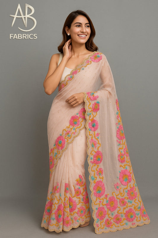 Peach Organza Saree with Floral Embroidery & Sequin Work