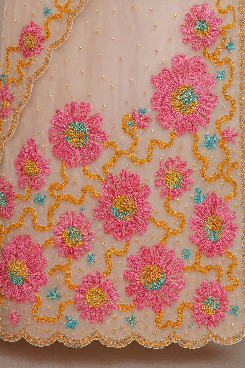 Peach Organza Saree with Floral Embroidery & Sequin Work