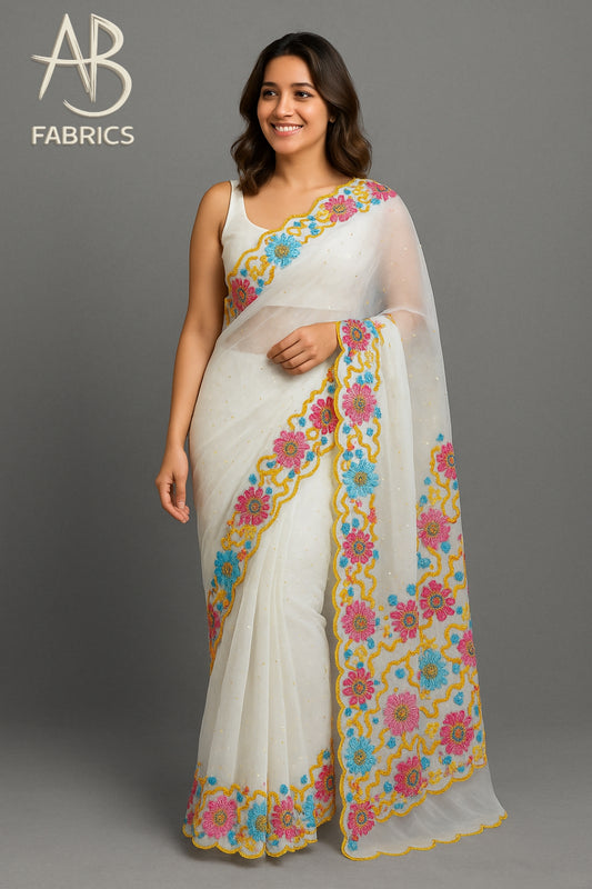 White Sheer Organza Saree with Floral Embroidery & Sequin Work