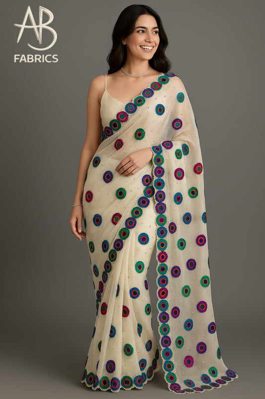 Embroidered Concentric Circles Ivory Organza Saree with Pearl Accents