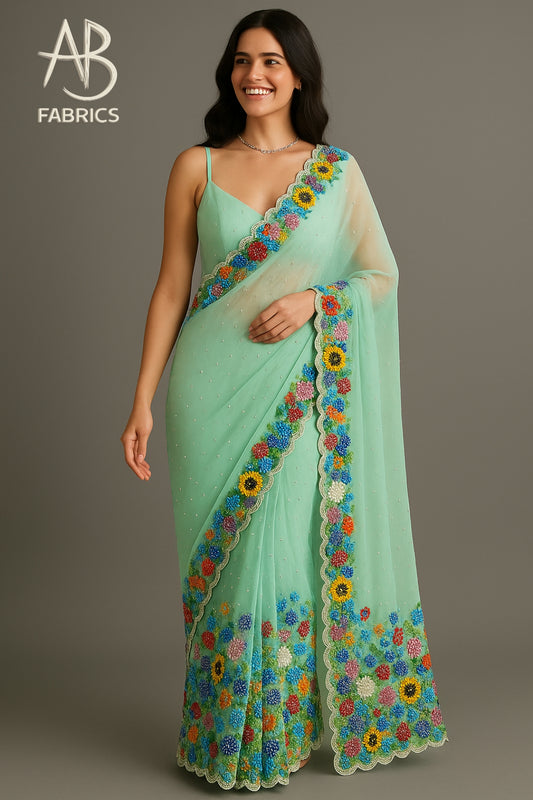 Sea Green Organza Saree with Vibrant Multicolor Thread Embroidery