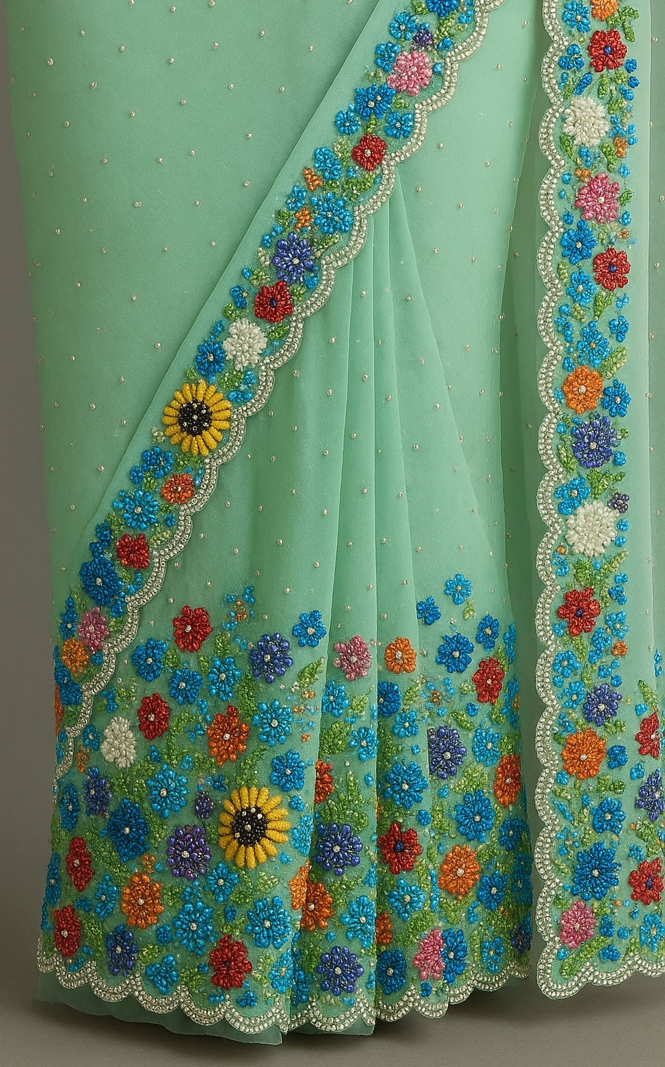 Sea Green Organza Saree with Vibrant Multicolor Thread Embroidery