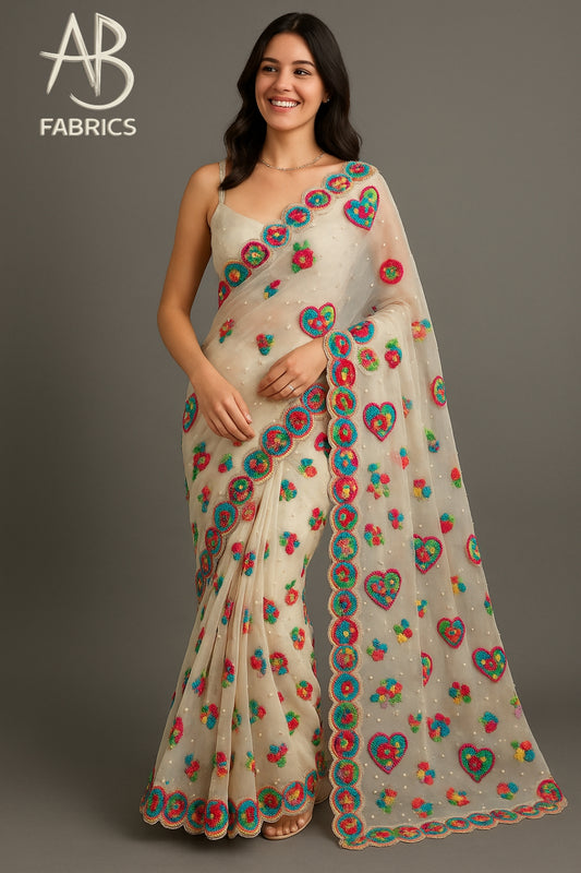 Ivory Organza Saree with Multi-Color Heart & Floral Embroidery