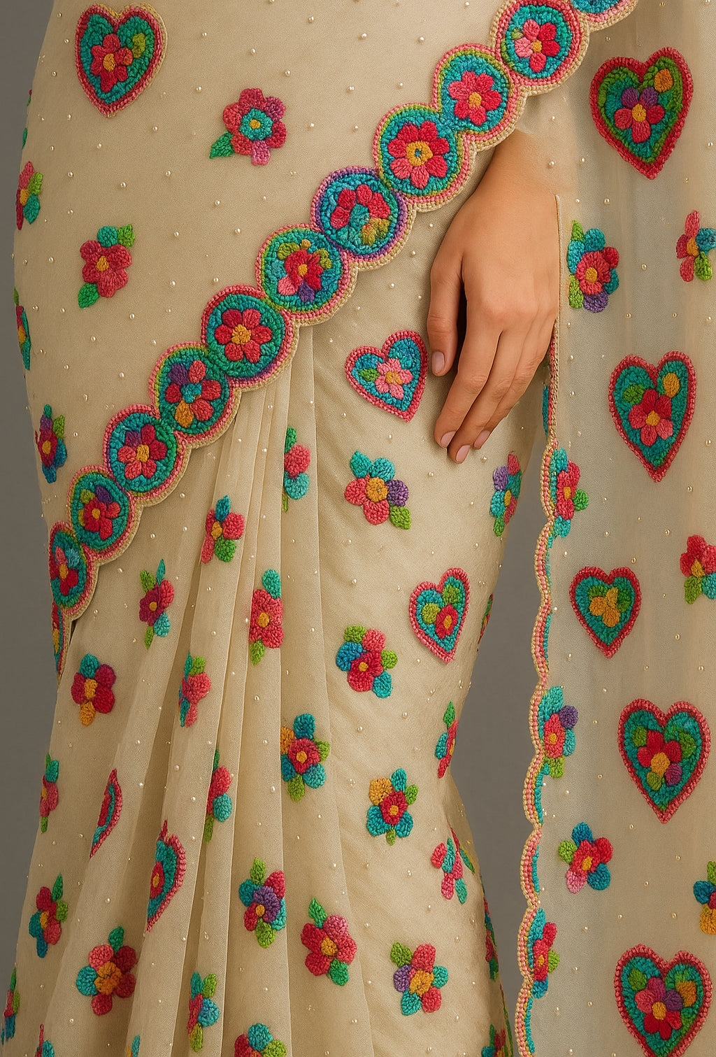 Ivory Organza Saree with Multi-Color Heart & Floral Embroidery