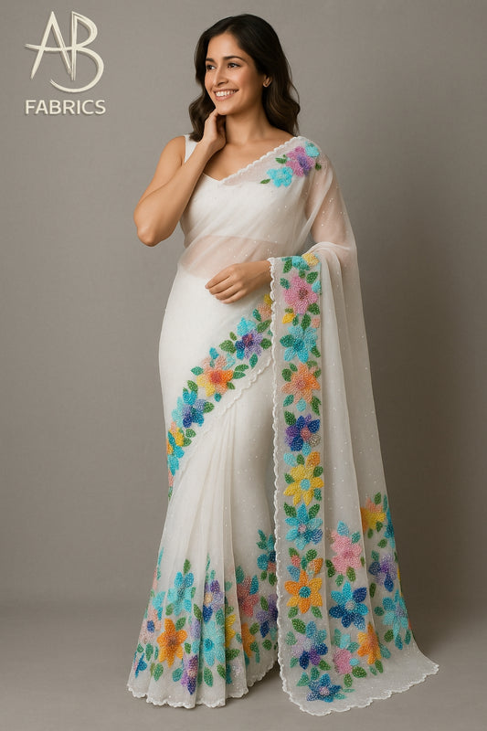 White Organza Saree with Vibrant Multicolor Thread Embroidery