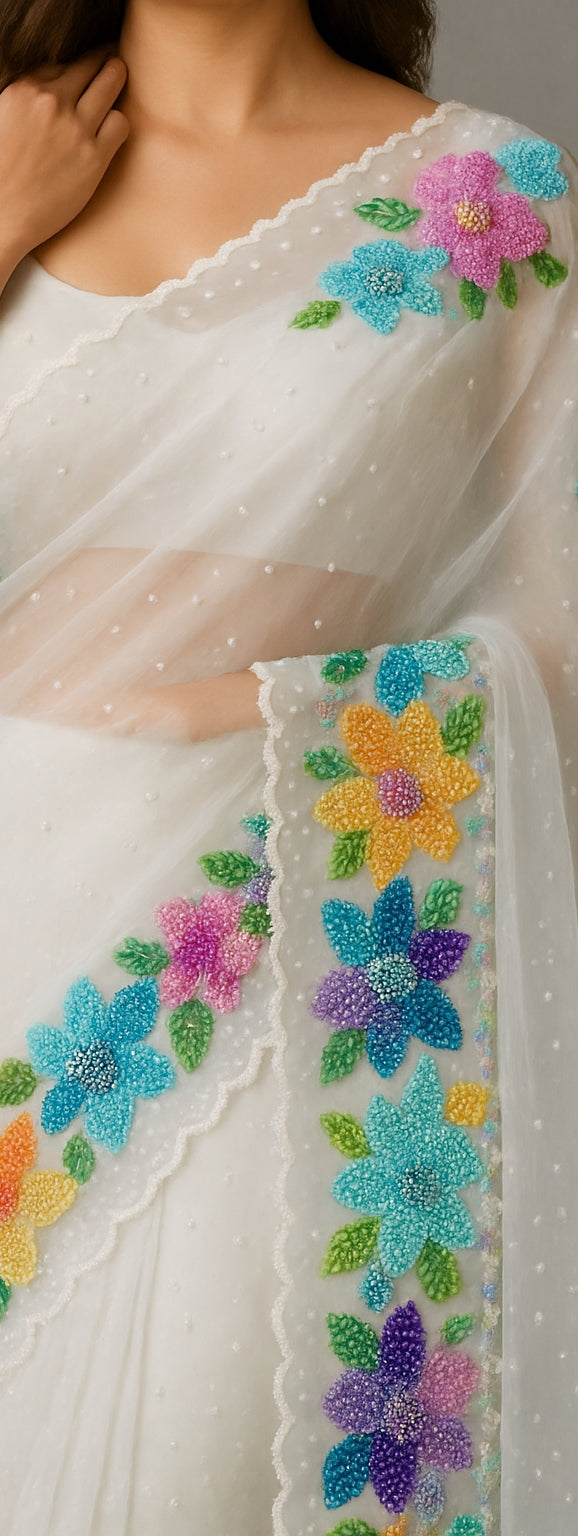 White Organza Saree with Vibrant Multicolor Thread Embroidery