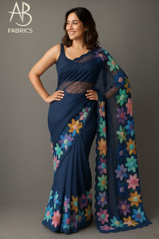 Navy Blue Organza Saree with Vibrant Multicolor Thread Embroidery