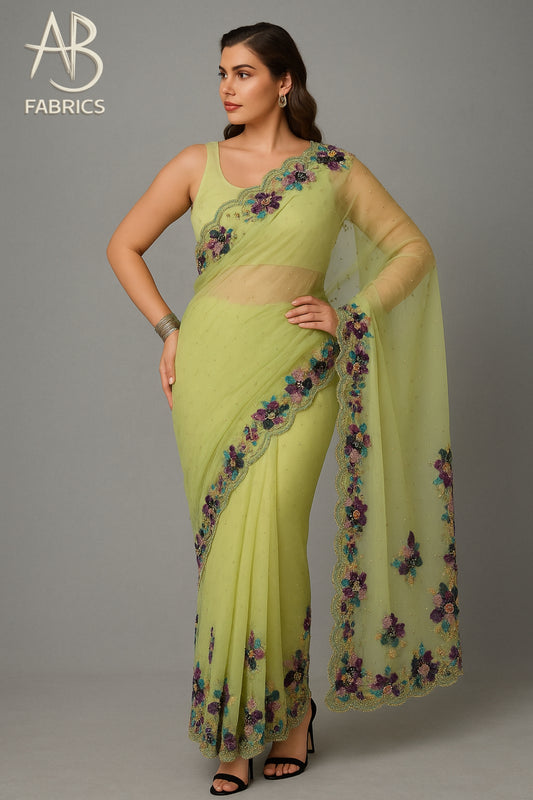 Lime Green Organza Saree with Multicolor Sequin Floral Embroidery and Scalloped Border SG04