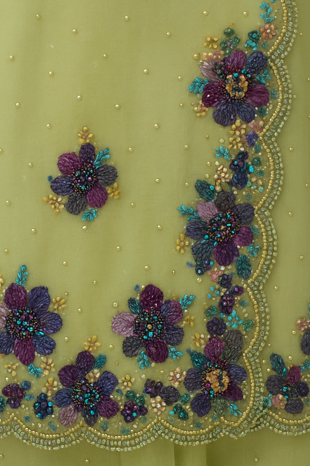 Lime Green Organza Saree with Multicolor Sequin Floral Embroidery and Scalloped Border SG04