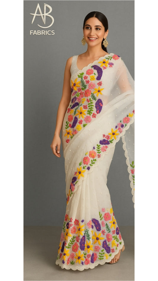 Elegant Ivory Organza Saree with Multicolor Floral Embroidery and Pearl Detailing