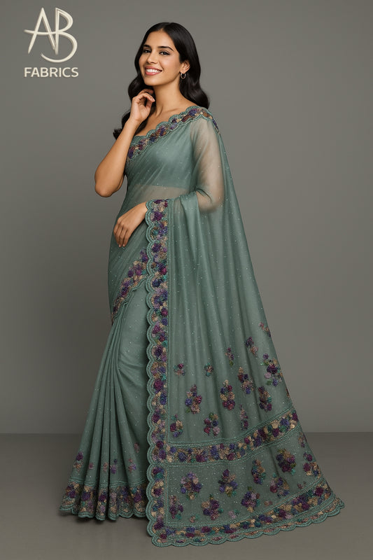 Sea Green Organza Saree with Multicolor Sequin Floral Embroidery and Scalloped Border