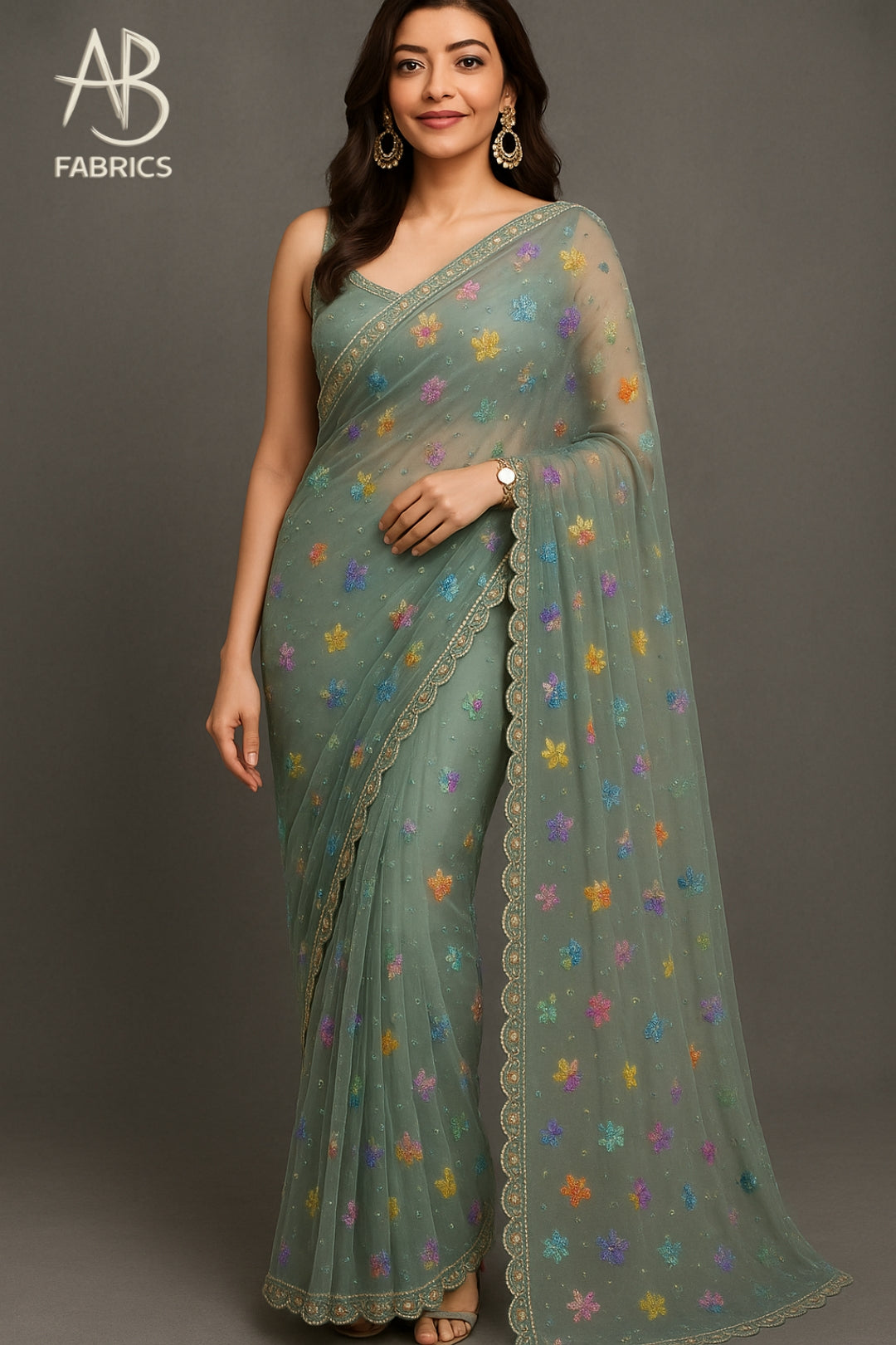 Sea Green Organza Saree with Multicolor Sequin Floral Embroidery and Scalloped Border SG02