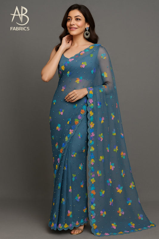 Steel Blue Organza Saree with Multicolor Sequin Floral Embroidery and Scalloped Border SG03