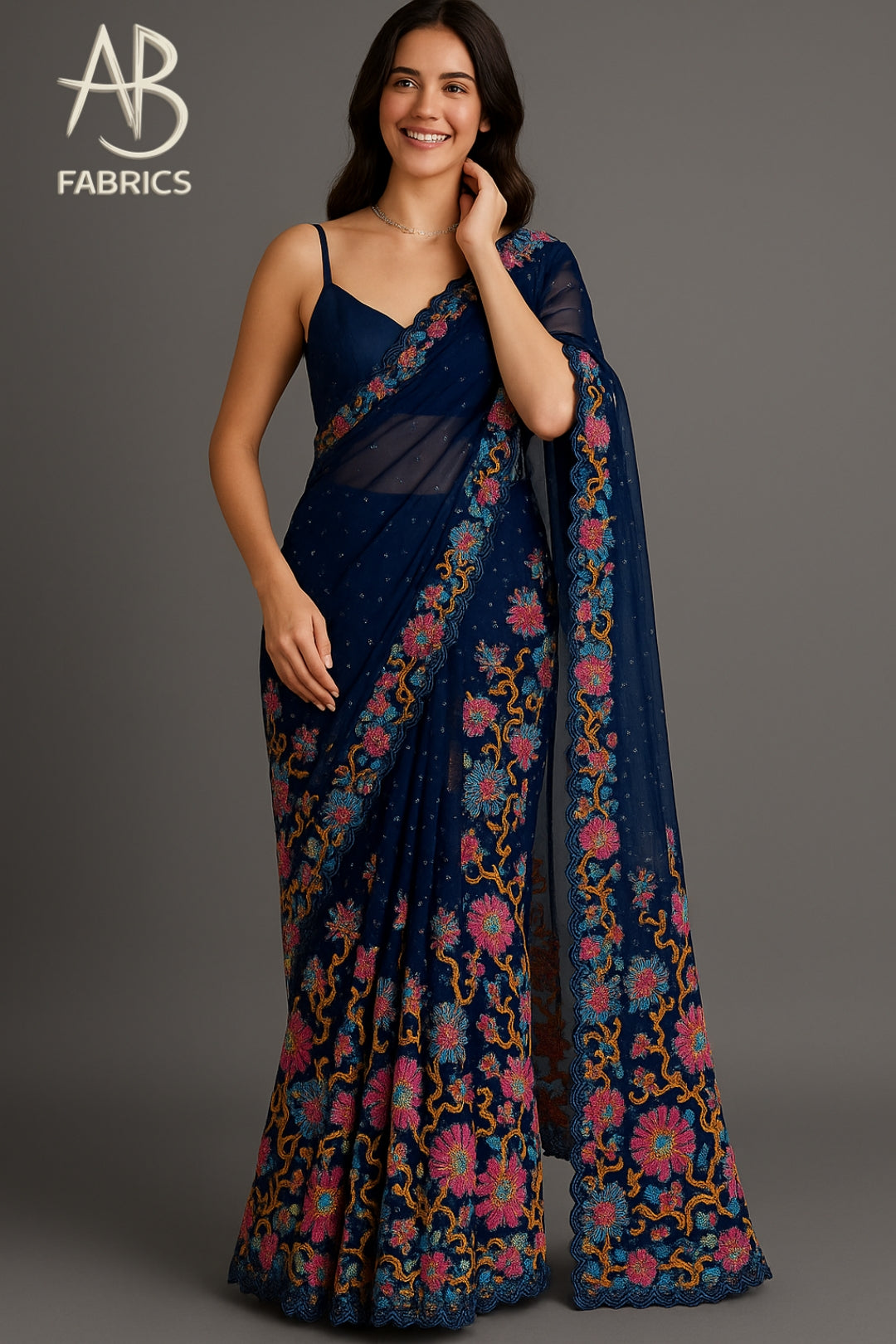 Royal Blue Organza Saree with Floral Embroidery & Sequin Work