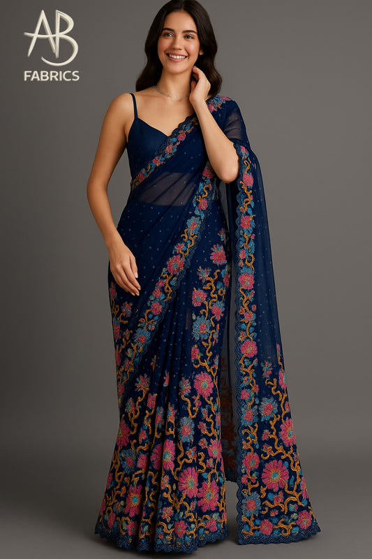 Royal Blue Organza Saree with Floral Embroidery & Sequin Work