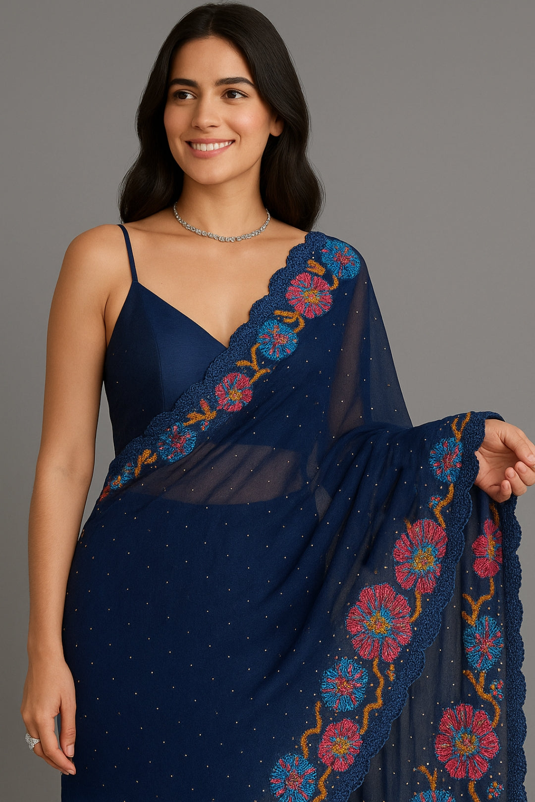 Royal Blue Organza Saree with Floral Embroidery & Sequin Work