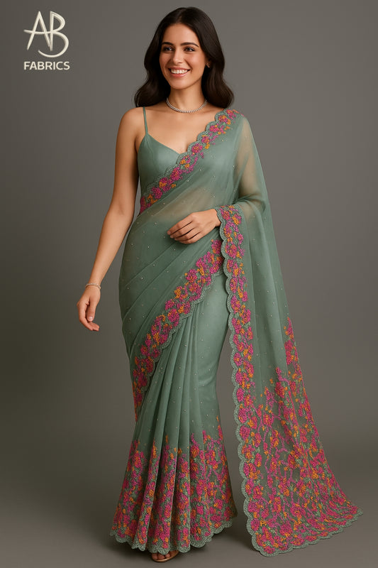 Floral Embroidered Sage Green Organza Saree with Shimmering Details