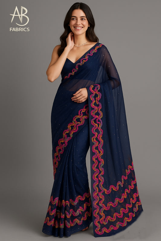 Floral Embroidered Royal Blue Organza Saree with Shimmering Details