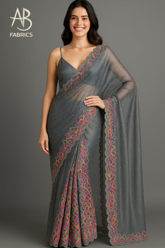Floral Embroidered Steel Grey Organza Saree with Shimmering Details