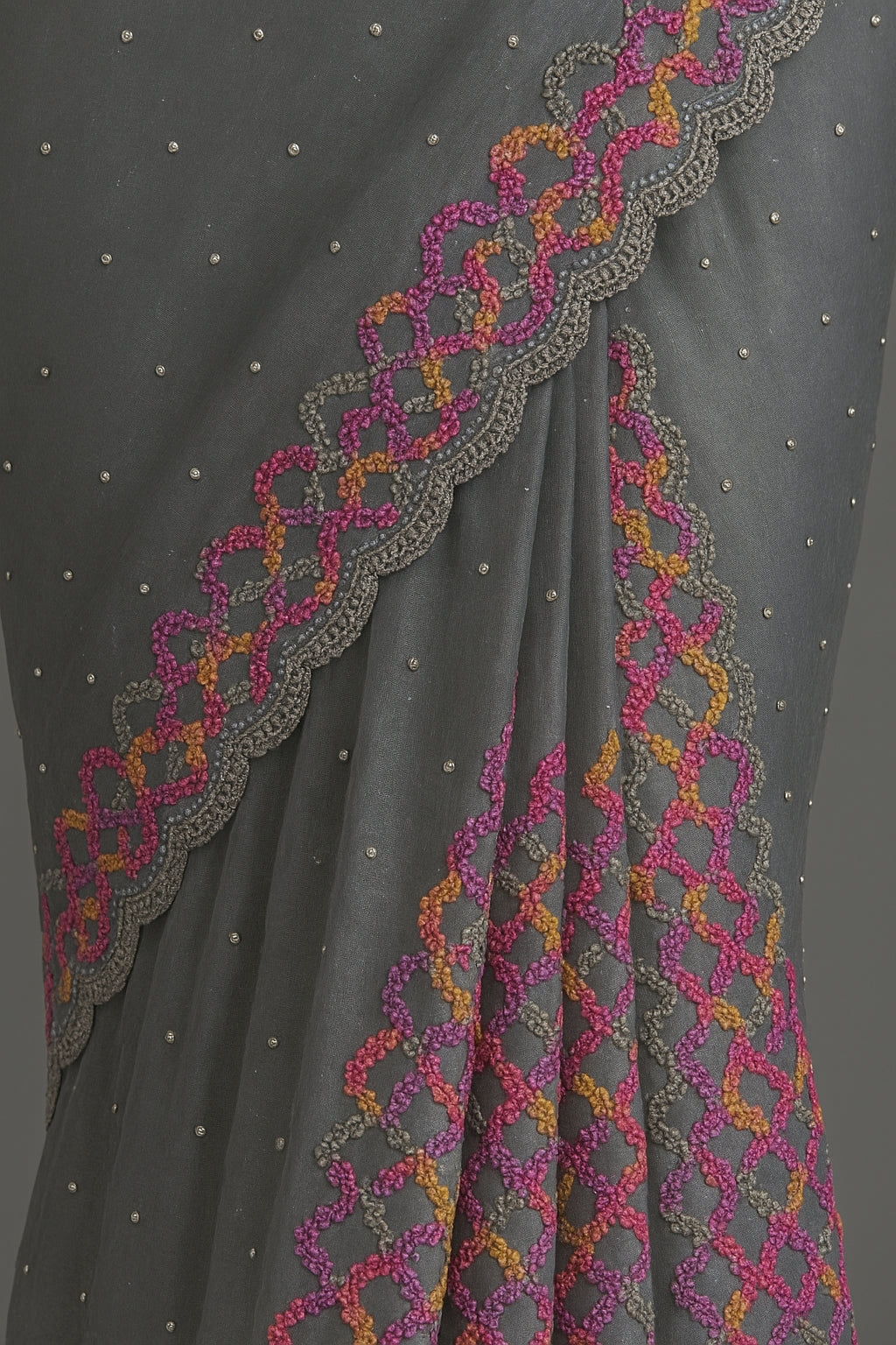 Floral Embroidered Steel Grey Organza Saree with Shimmering Details