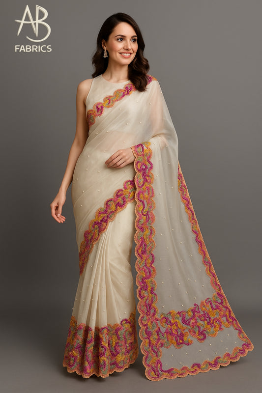Floral Embroidered Sheer Ivory Organza Saree with Shimmering Details