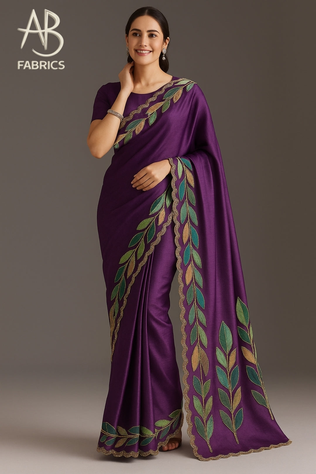 Elegant Purple Pure Tussar Munga Silk Saree with Embroidered Leaf Border