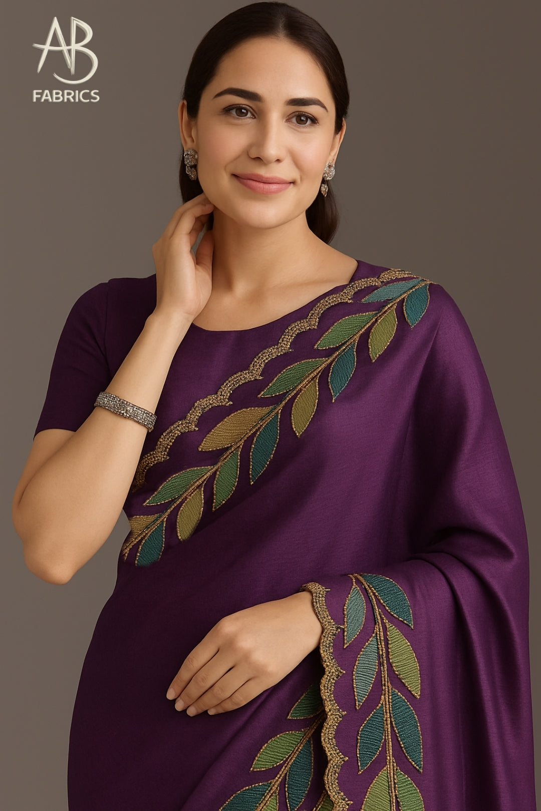 Elegant Purple Pure Tussar Munga Silk Saree with Embroidered Leaf Border