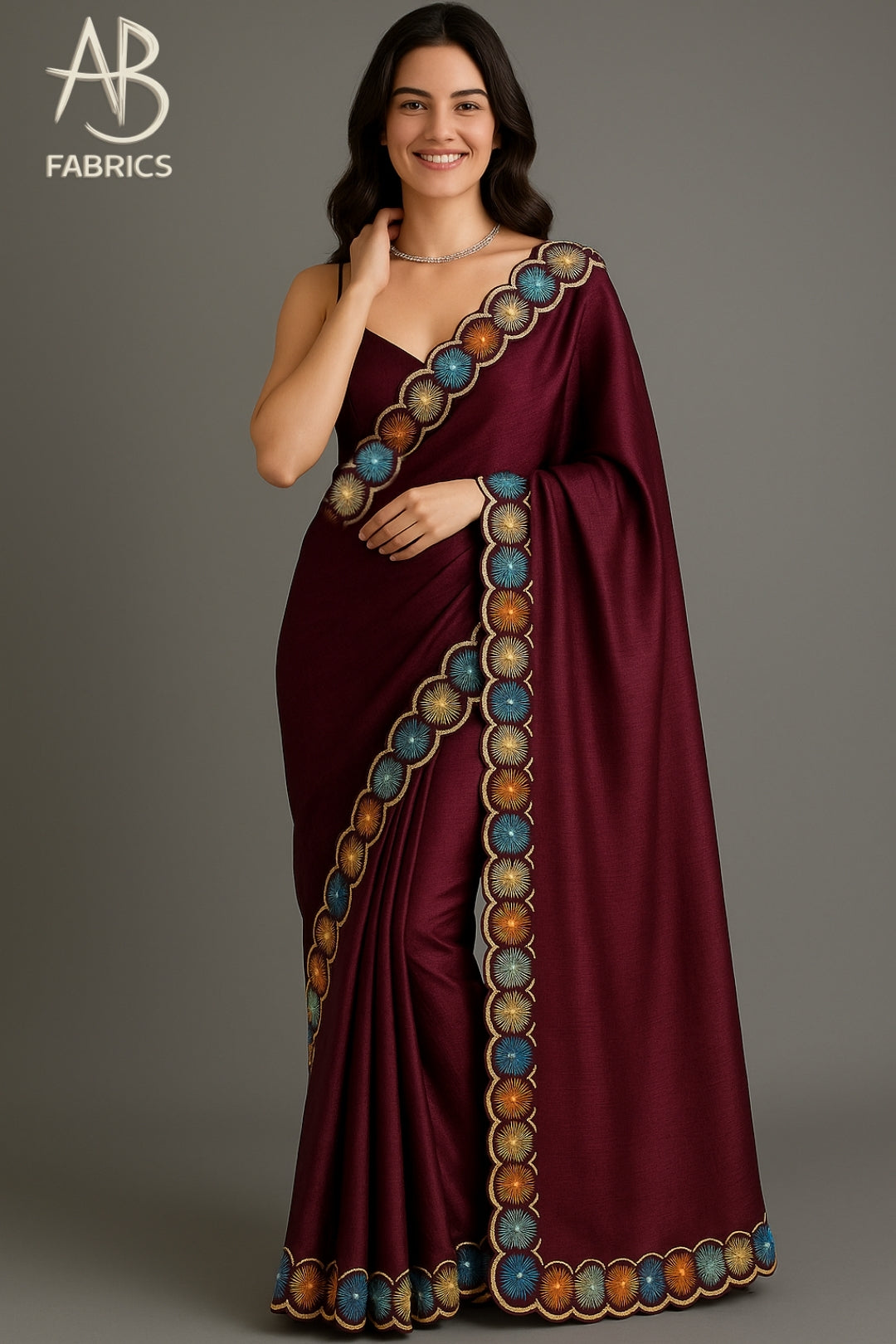 Rich Wine Red Pure Tussar Munga Silk Saree with Scalloped Sunburst Embroidered Border