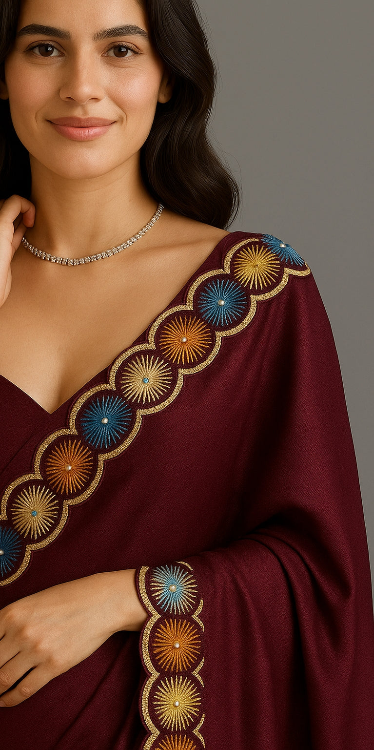 Rich Wine Red Pure Tussar Munga Silk Saree with Scalloped Sunburst Embroidered Border