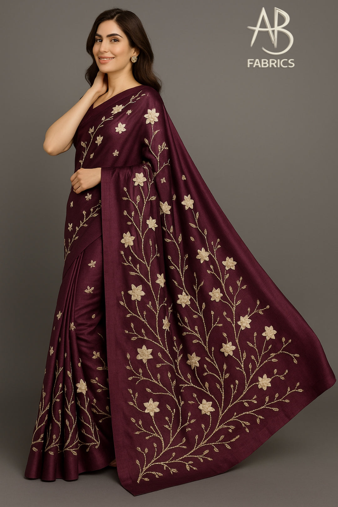 Sophisticated Wine Pure Tussar Munga Silk Saree with Elegant Gold Floral Handwork Saree