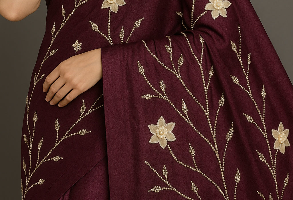 Sophisticated Wine Pure Tussar Munga Silk Saree with Elegant Gold Floral Handwork Saree
